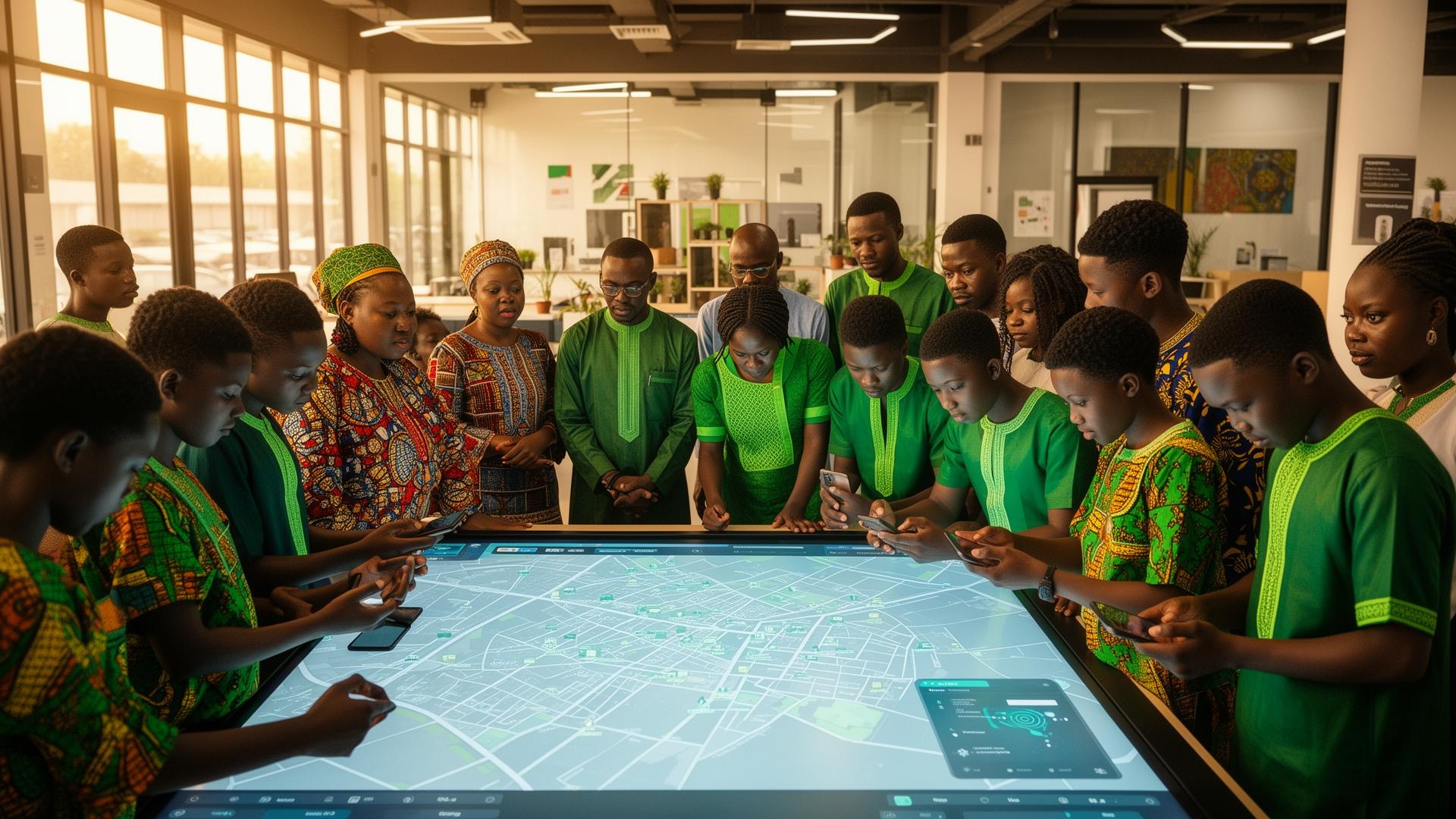 Diverse Nigerians collaborating around a digital community map